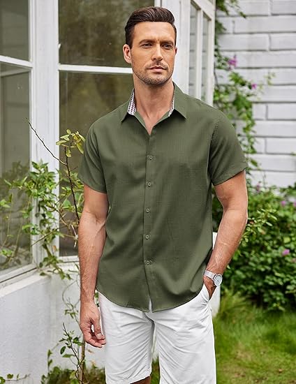 COOFANDY Mens Linen Shirt Short Sleeve Button Down Shirts Casual Plaid Collar Summer Beach Shirts S-XXXL