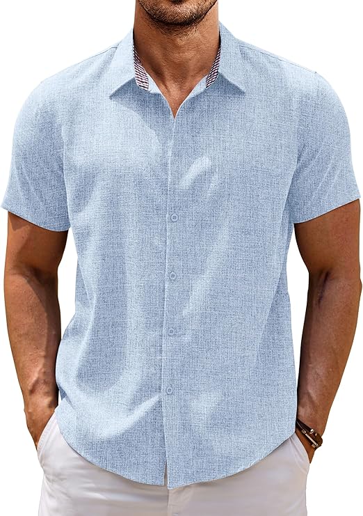 COOFANDY Mens Linen Shirt Short Sleeve Button Down Shirts Casual Plaid Collar Summer Beach Shirts S-XXXL