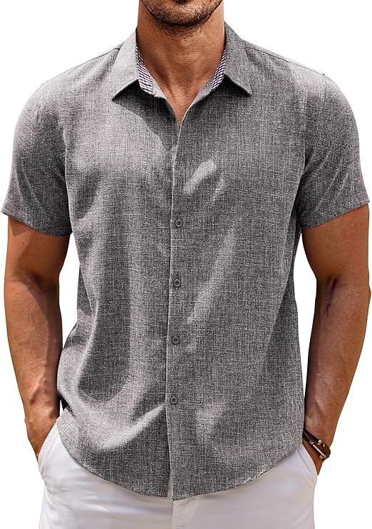 COOFANDY Mens Linen Shirt Short Sleeve Button Down Shirts Casual Plaid Collar Summer Beach Shirts S-XXXL