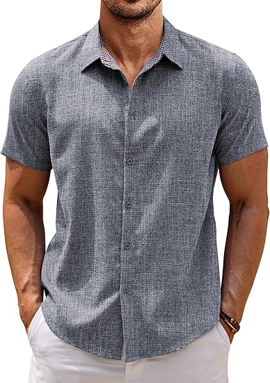 COOFANDY Mens Linen Shirt Short Sleeve Button Down Shirts Casual Plaid Collar Summer Beach Shirts S-XXXL