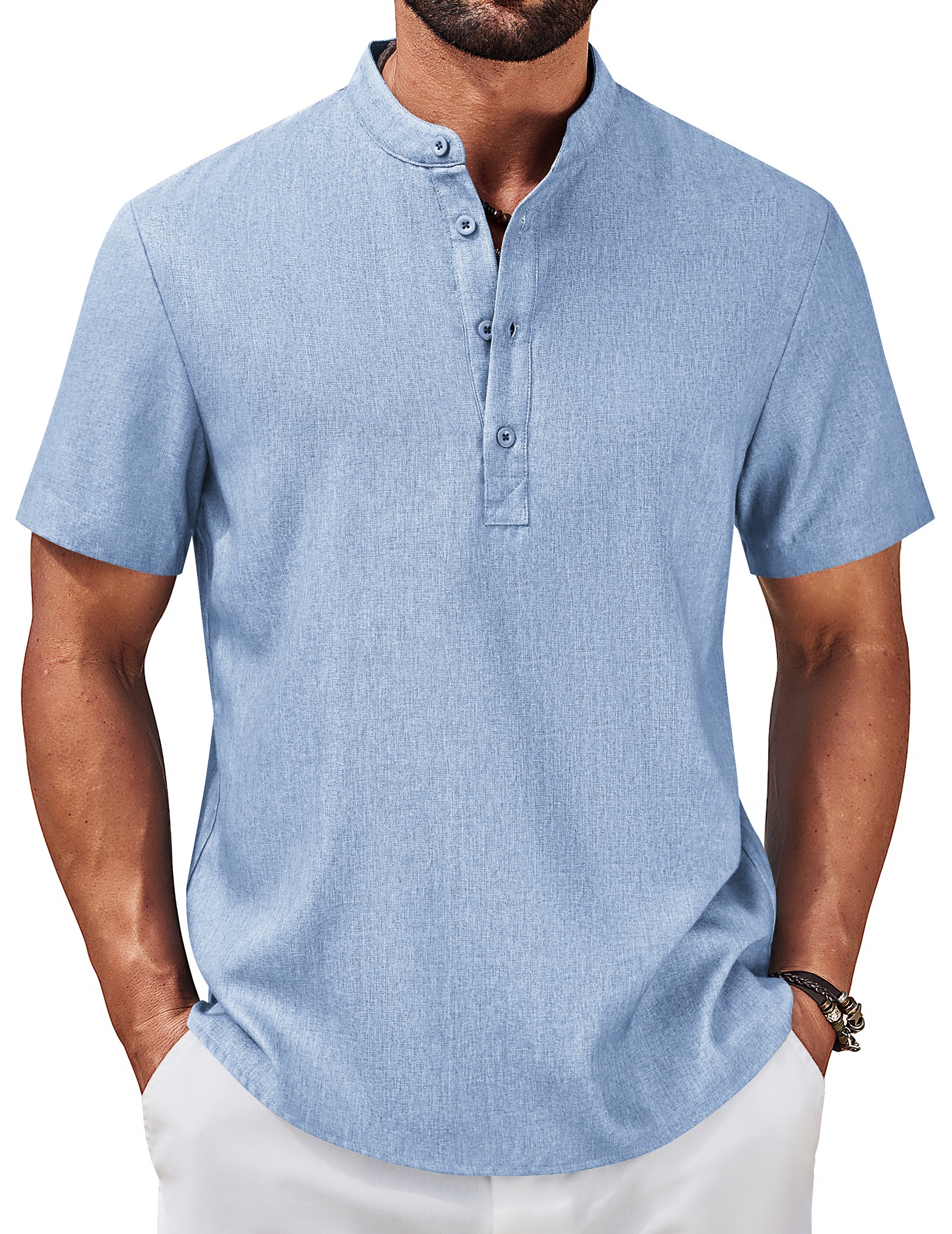 COOFANDY Men's Casual Summer Beach Henley Shirt Band Collar Lightweight Hippie Tee Shirts