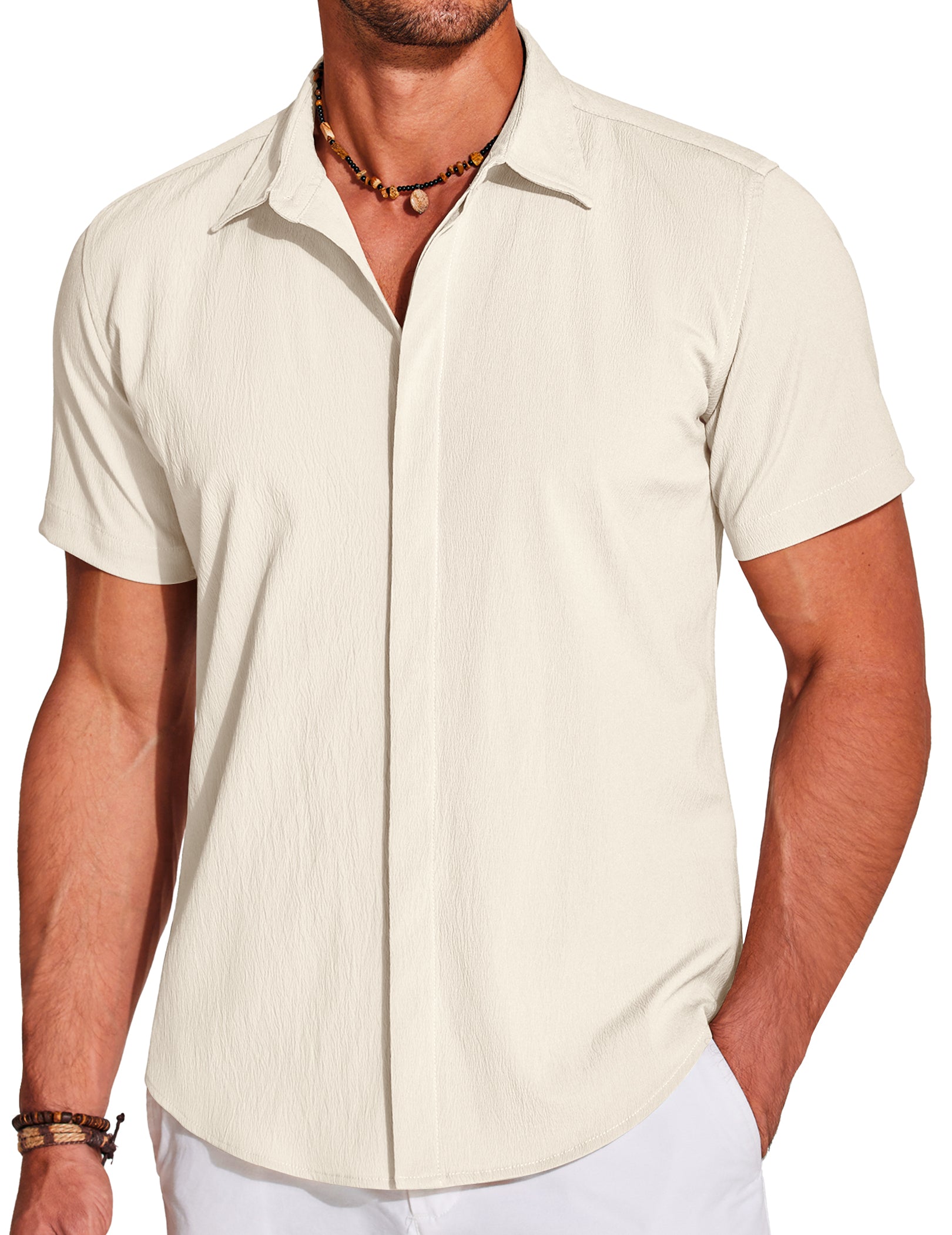 COOFANDY Men's Casual Short Sleeve Button Down Summer Beach Shirt Lightweight Textured Wrinkle Free Stretch Shirts