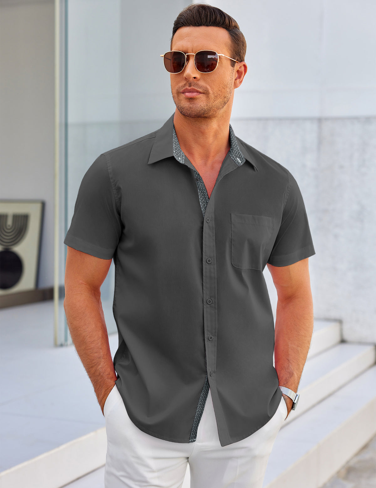 COOFANDY Men's Dress Shirt Wrinkle Free Regular Fit Stretch Short Sleeve Button Down Shirts