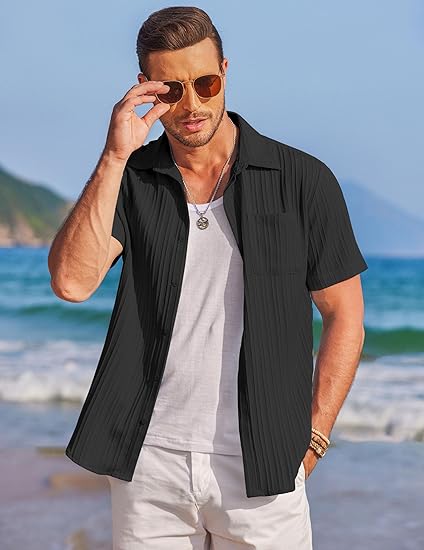 COOFANDY Mens Casual Shirts Short Sleeve Button Down Shirts Fashion Textured Summer Beach Shirt S-XXL