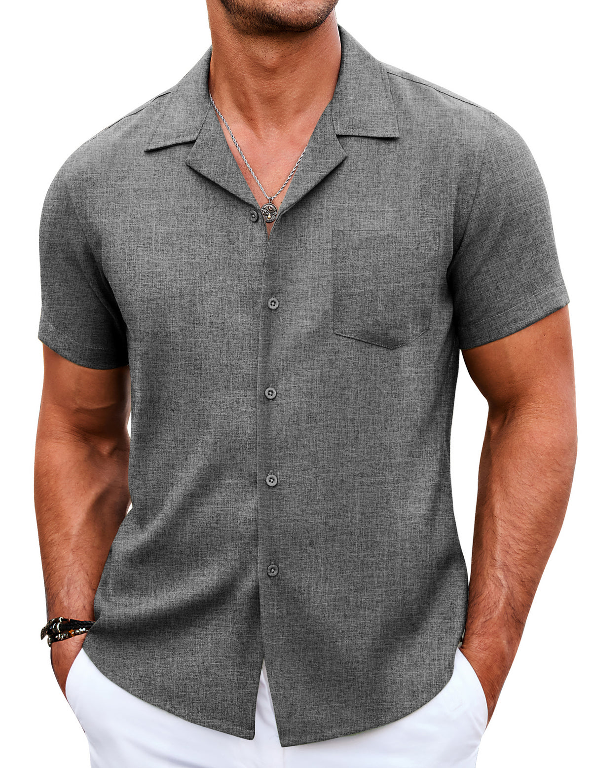 COOFANDY Men's Casual Button Down Short Sleeve Linen Beach Shirts with Pocket