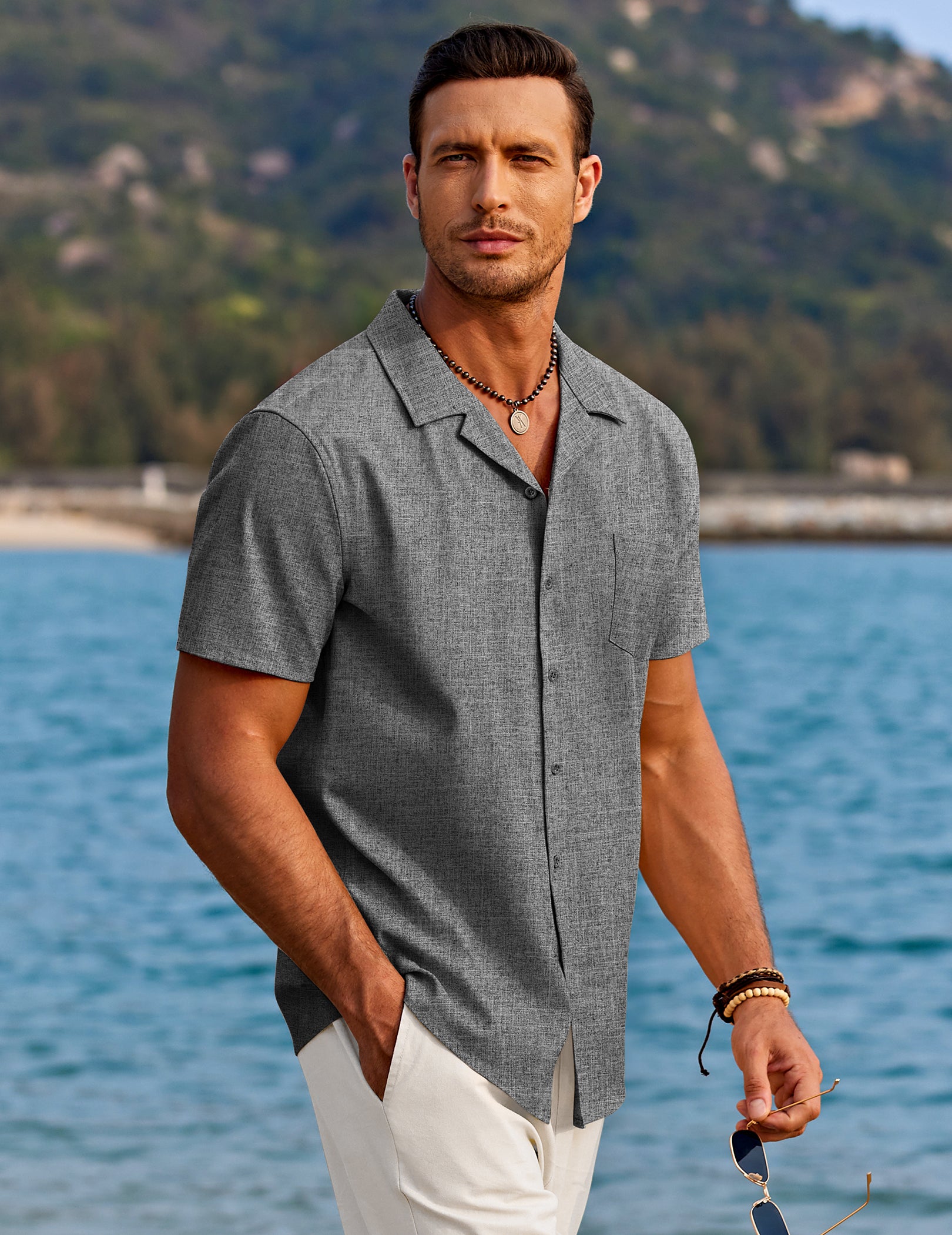 COOFANDY Men's Casual Button Down Short Sleeve Linen Beach Shirts with Pocket