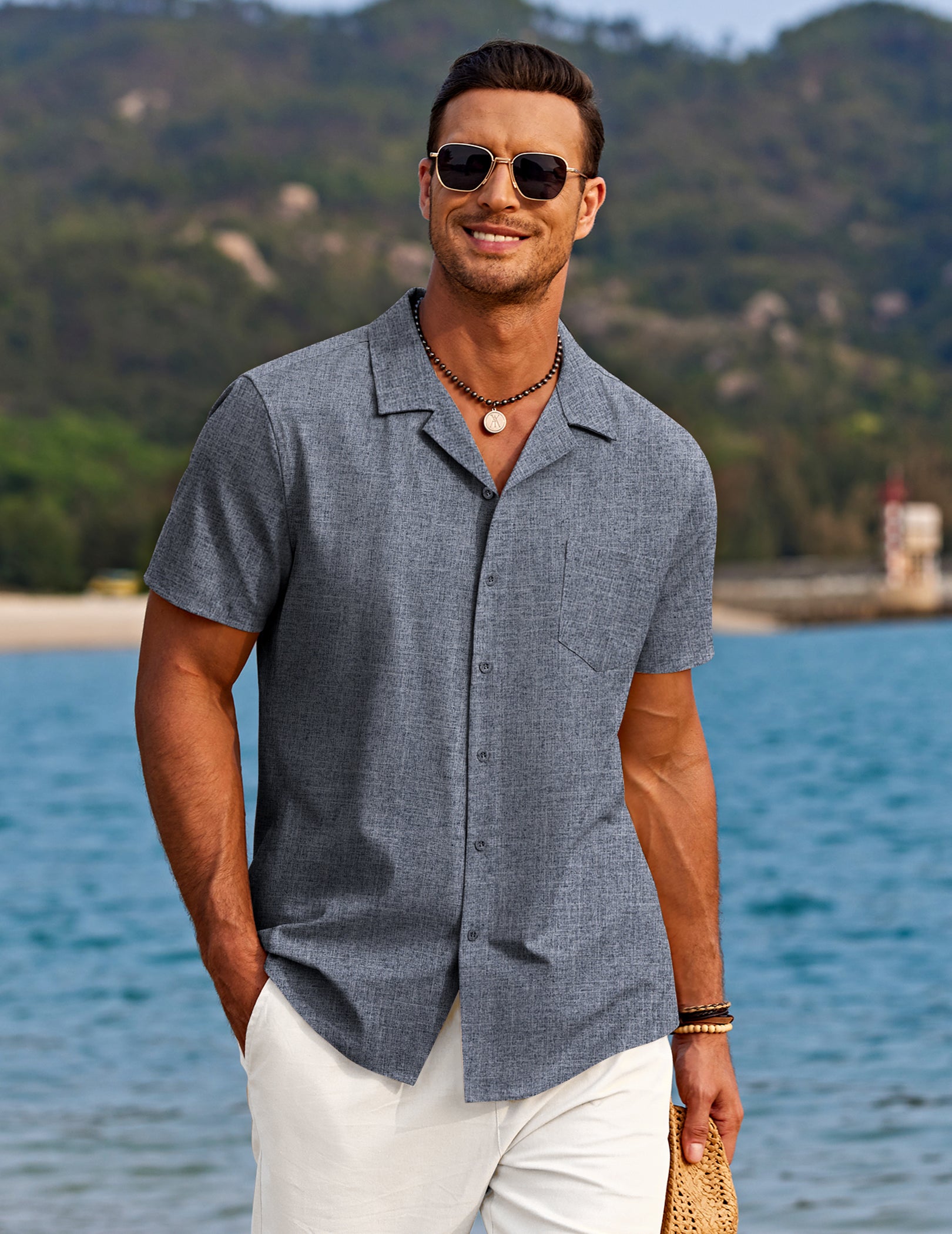 COOFANDY Men's Casual Button Down Short Sleeve Linen Beach Shirts with Pocket