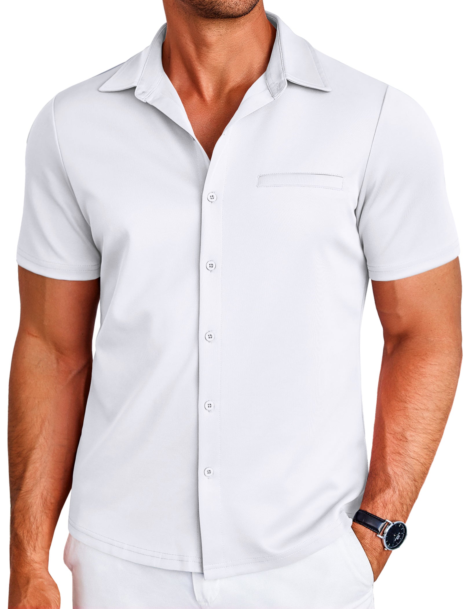 COOFANDY Men Button Up Short Sleeve Muscle Fit Stretch Dress Shirt Summer Casual Stylish Wrinkle Free Camp Tops Grey