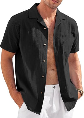 COOFANDY Mens Casual Cotton Linen Shirt Short Sleeve Button Up Shirts Summer Beach Top S-XXXL
