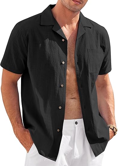 COOFANDY Mens Casual Cotton Linen Shirt Short Sleeve Button Up Shirts Summer Beach Top S-XXXL