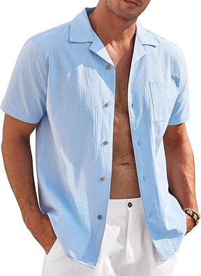 COOFANDY Mens Casual Cotton Linen Shirt Short Sleeve Button Up Shirts Summer Beach Top S-XXXL