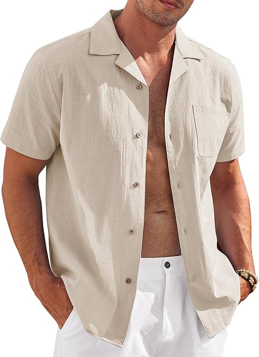 COOFANDY Mens Casual Cotton Linen Shirt Short Sleeve Button Up Shirts Summer Beach Top S-XXXL