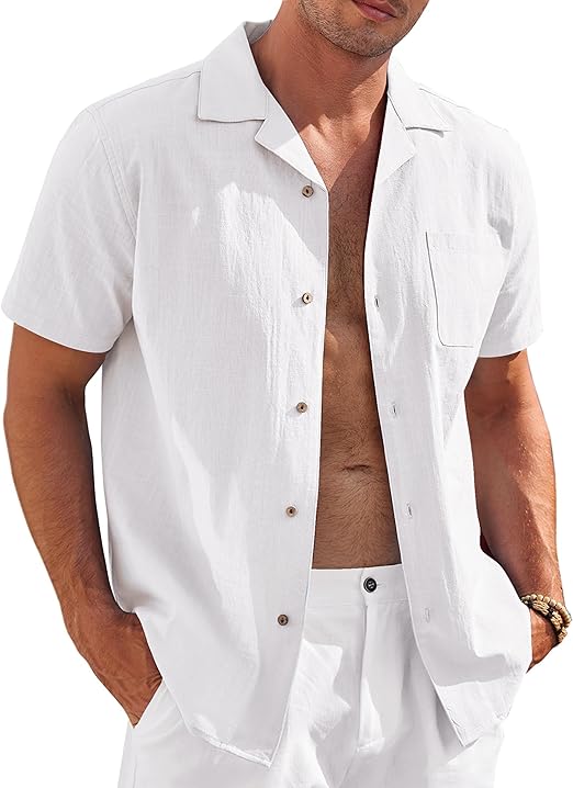 COOFANDY Mens Casual Cotton Linen Shirt Short Sleeve Button Up Shirts Summer Beach Top S-XXXL