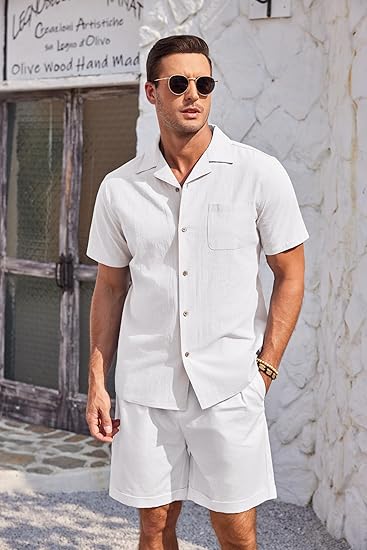 COOFANDY Mens Casual Cotton Linen Shirt Short Sleeve Button Up Shirts Summer Beach Top S-XXXL