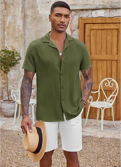 COOFANDY Men's Casual Button Down Shirt Short Sleeve Textured Summer Cuban Beach Shirts S-XXXL