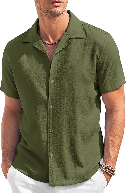 COOFANDY Men's Casual Button Down Shirt Short Sleeve Textured Summer Cuban Beach Shirts S-XXXL