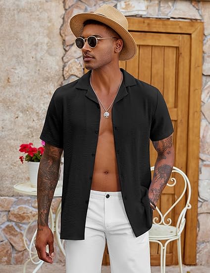 COOFANDY Men's Casual Button Down Shirt Short Sleeve Textured Summer Cuban Beach Shirts S-XXXL
