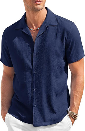 COOFANDY Men's Casual Button Down Shirt Short Sleeve Textured Summer Cuban Beach Shirts S-XXXL