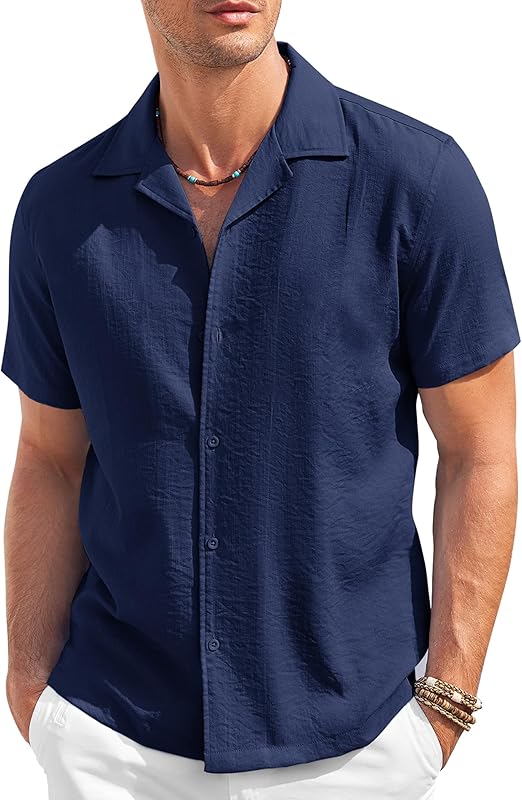 COOFANDY Men's Casual Button Down Shirt Short Sleeve Textured Summer Cuban Beach Shirts S-XXXL