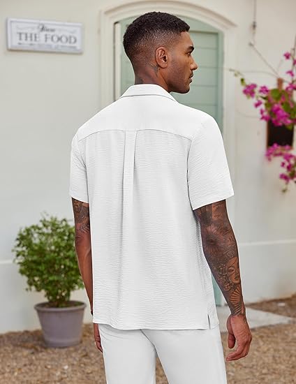 COOFANDY Men's Casual Button Down Shirt Short Sleeve Textured Summer Cuban Beach Shirts S-XXXL