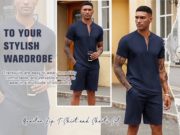 COOFANDY Men's 2 Pieces Outfits Casual Quarter Zip Polo T Shirt and Shorts Set Athletic Jogging Summer Tracksuit