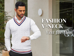COOFANDY Men's Sweater Vest V Neck Casual Sleeveless Pullover Striped Cable Knit Sweater Vest