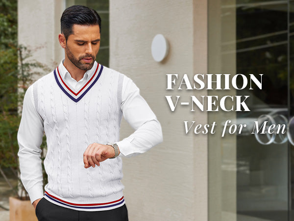 COOFANDY Men's Sweater Vest V Neck Casual Sleeveless Pullover Striped Cable Knit Sweater Vest