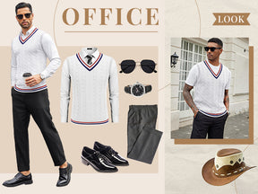 COOFANDY Men's Sweater Vest V Neck Casual Sleeveless Pullover Striped Cable Knit Sweater Vest