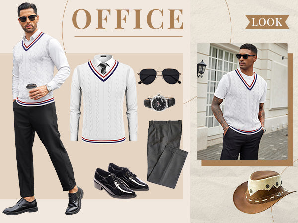 COOFANDY Men's Sweater Vest V Neck Casual Sleeveless Pullover Striped Cable Knit Sweater Vest