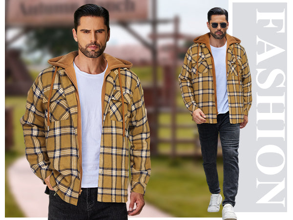 COOFANDY Men's Flannel Shirt Jacket Warm Quilted Lined Hooded Long Sleeve Plaid Shirt Jackets