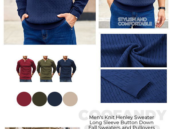 COOFANDY Men's Knit Henley Sweater Long Sleeve Button Down Fall Sweaters and Pullovers