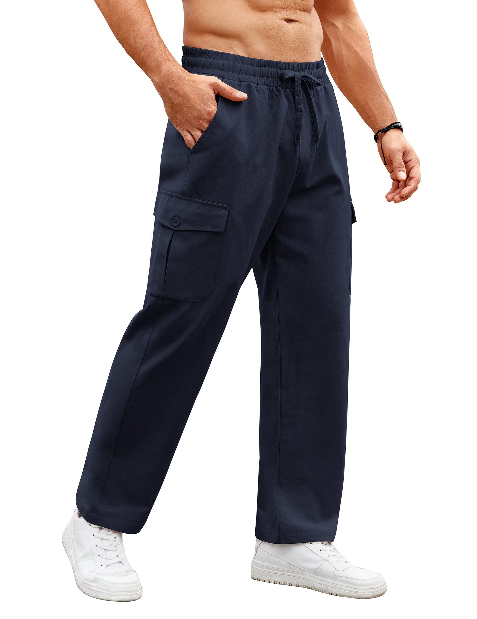 COOFANDY Mens Casual Cargo Pants Relaxed Fit Outdoor Hiking Pants Cotton Drawstring Sweatpants with Pockets, Khaki, Small