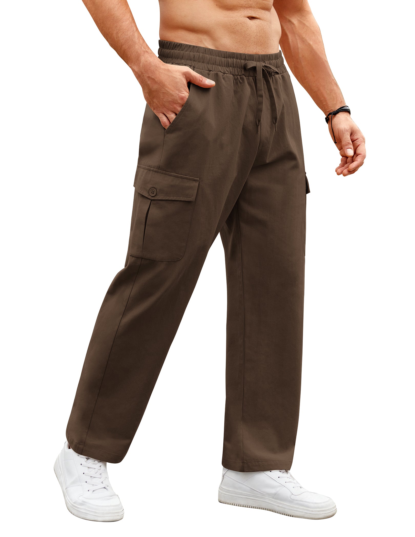 COOFANDY Mens Casual Cargo Pants Relaxed Fit Outdoor Hiking Pants Cotton Drawstring Sweatpants with Pockets, Khaki, Small