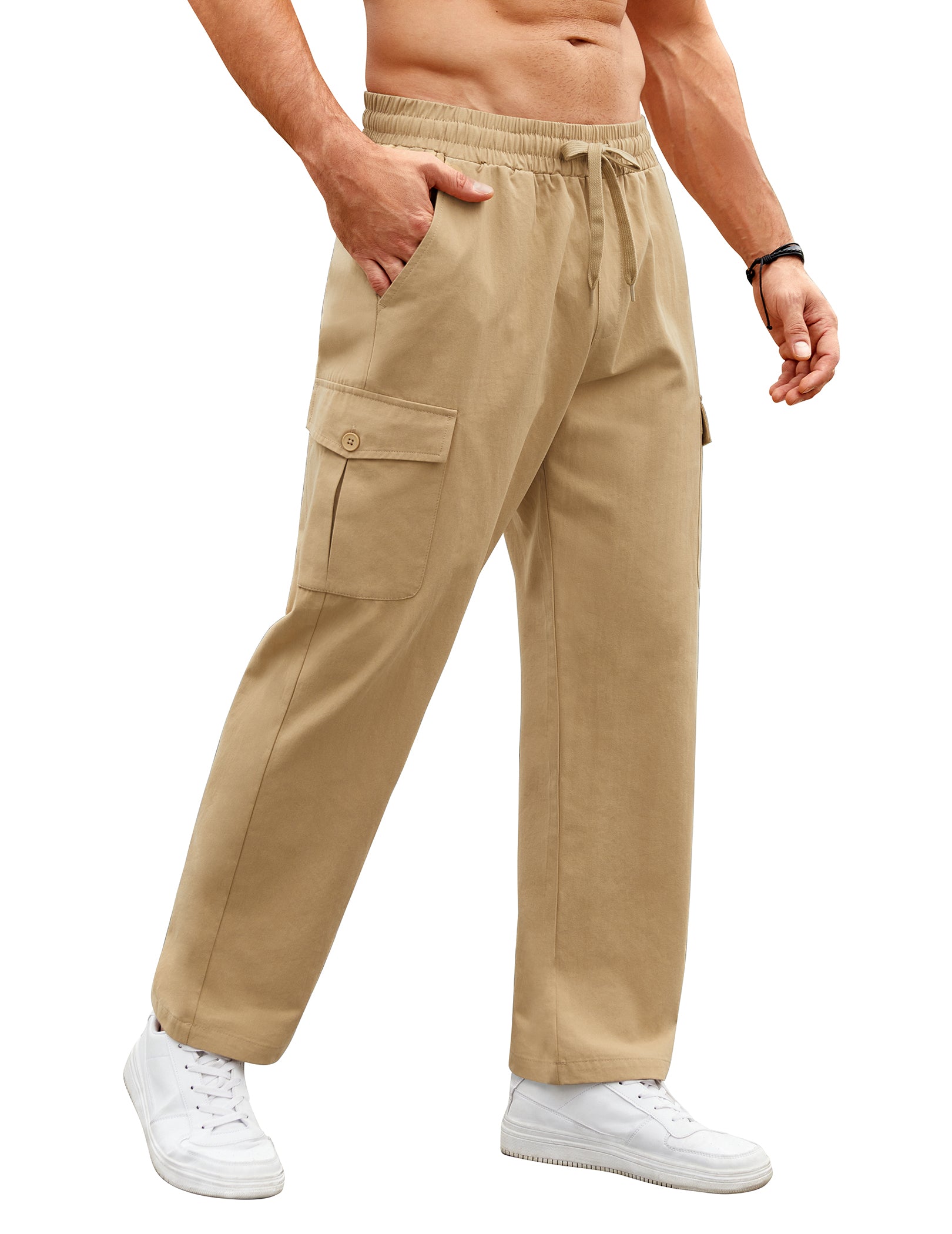 COOFANDY Mens Casual Cargo Pants Relaxed Fit Outdoor Hiking Pants Cotton Drawstring Sweatpants with Pockets, Khaki, Small