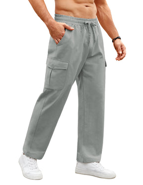 COOFANDY Mens Casual Cargo Pants Relaxed Fit Outdoor Hiking Pants Cotton Drawstring Sweatpants with Pockets, Khaki, Small