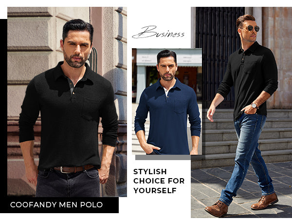COOFANDY Men's Long Sleeve Polo Shirt Casual Dress Button Polo T Shirt with Pocket Basic Lightweight Collared Golf Shirt
