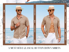 COOFANDY Men's Knit Polo Shirt Vintage Button Down Shirt Short Sleeve Hawaiian Shirt 2025 Summer Fashion Beach Shirts