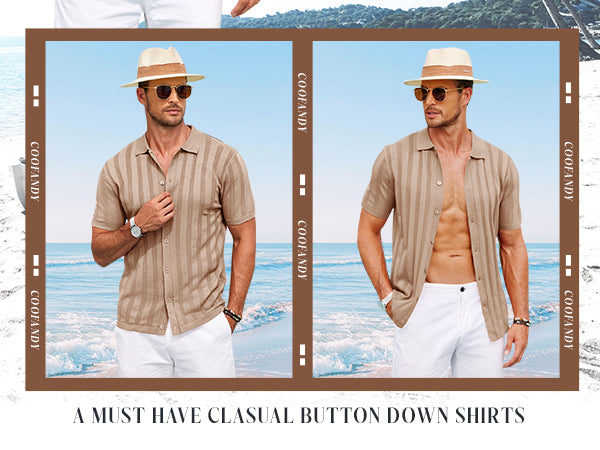 COOFANDY Men's Knit Polo Shirt Vintage Button Down Shirt Short Sleeve Hawaiian Shirt 2025 Summer Fashion Beach Shirts