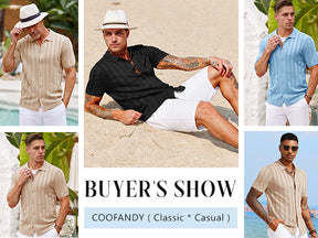 COOFANDY Men's Knit Polo Shirt Vintage Button Down Shirt Short Sleeve Hawaiian Shirt 2025 Summer Fashion Beach Shirts