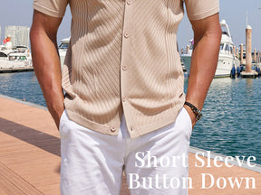 COOFANDY Men's Knit Short Sleeve Button Down Shirt Vintage Polo Shirt Casual Summer Beach Shirts