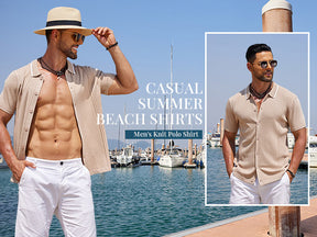 COOFANDY Men's Knit Short Sleeve Button Down Shirt Vintage Polo Shirt Casual Summer Beach Shirts