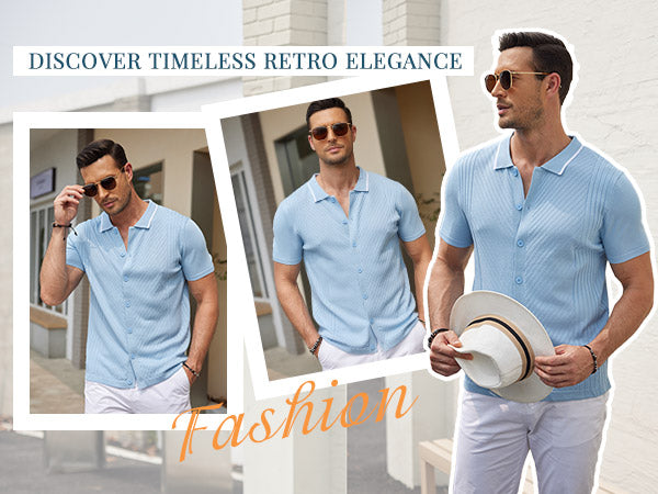 COOFANDY Men's Knit Short Sleeve Button Down Shirt Vintage Polo Shirt Casual Summer Beach Shirts