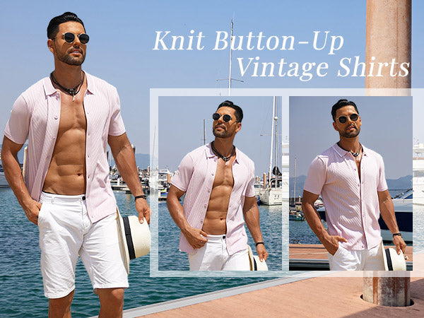 COOFANDY Men's Knit Short Sleeve Button Down Shirt Vintage Polo Shirt Casual Summer Beach Shirts