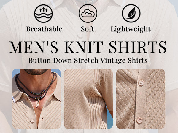 COOFANDY Men's Knit Short Sleeve Button Down Shirt Vintage Polo Shirt Casual Summer Beach Shirts