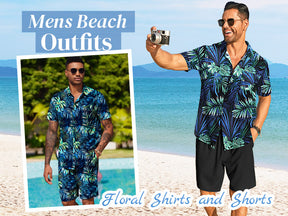 COOFANDY Men's Hawaiian 2 Piece Outfits Summer Beach Matching Set Short Sleeve Floral Shirts and Shorts