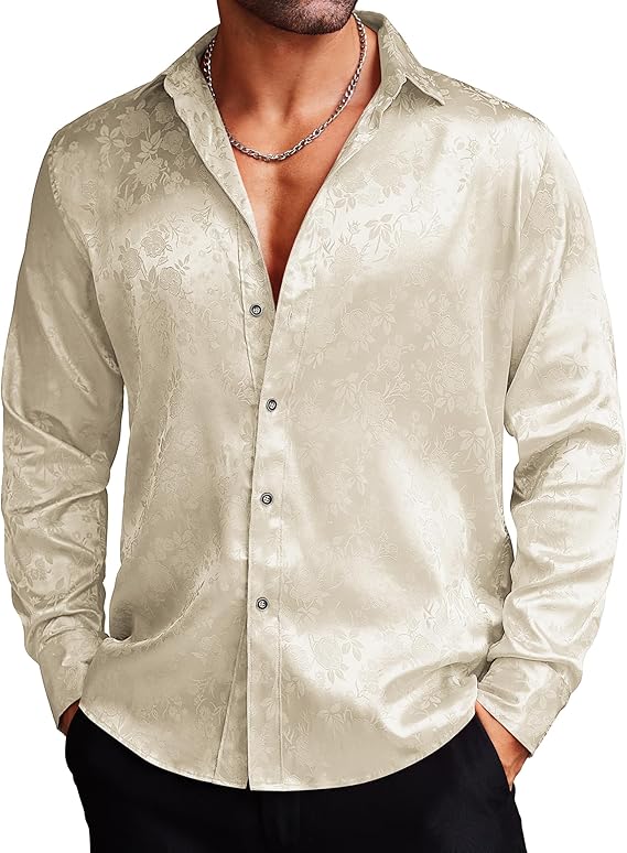 COOFANDY Men's Silk Satin Dress Shirts Jacquard Long Sleeve Floral Button Up Shirts Party Prom Wedding Shirt