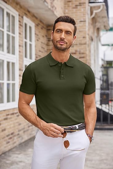 COOFANDY Mens Knit Polo Shirts Casual Short Sleeve Button Down Polo Shirt Classic Golf Shirts