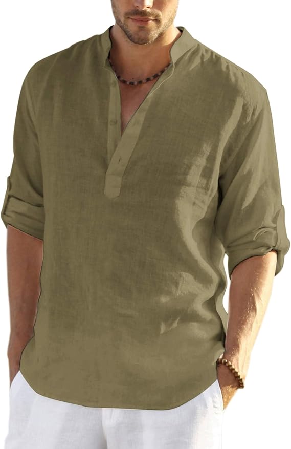 COOFANDY Men's Cotton Linen Henley T-Shirts Long Sleeve Hippie Casual Beach T-Shirts