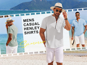 COOFANDY Men's Casual Henley Shirt Short Sleeve Summer Beach Band Collar Shirt Hippie Henley T-Shirts with Pocket