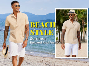 COOFANDY Men's Casual Henley Shirt Short Sleeve Summer Beach Band Collar Shirt Hippie Henley T-Shirts with Pocket
